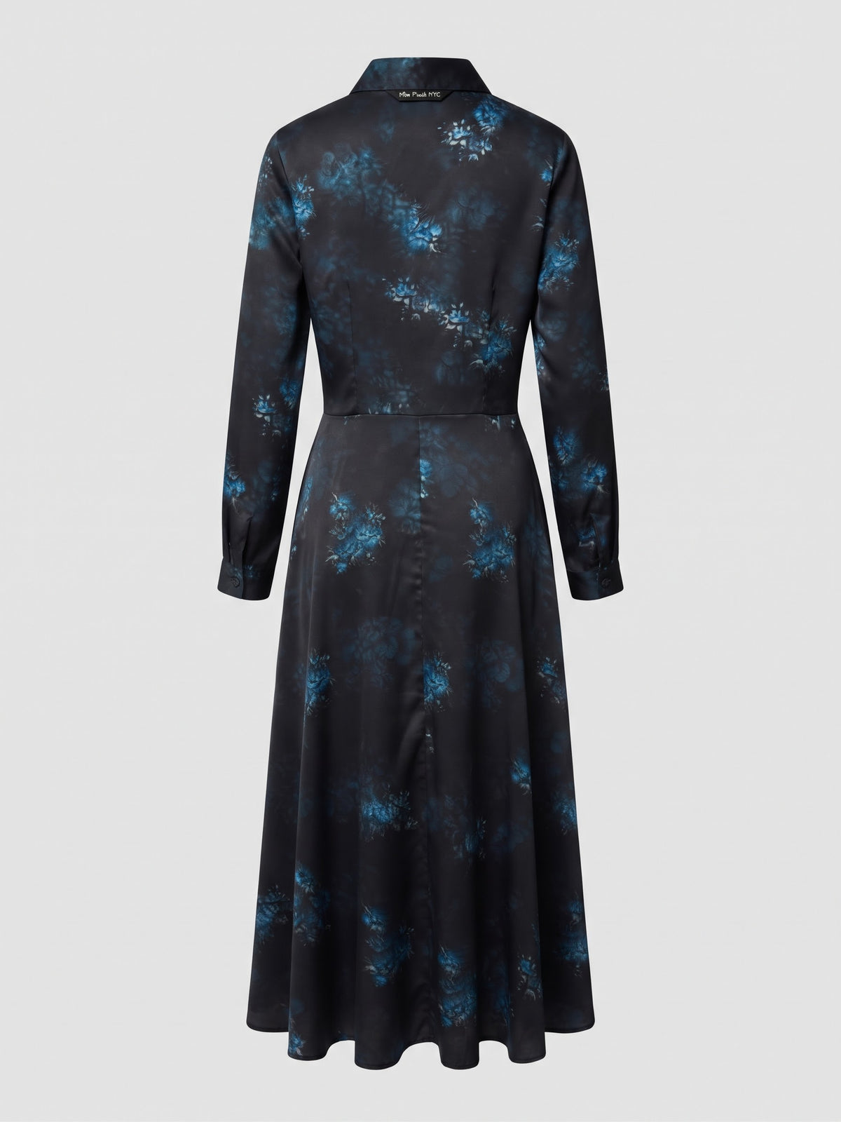 Miss Finch NYC Ruffle Trim Button-Down Long Sleeve Midi Shirt Dress in Black & Blue Floral