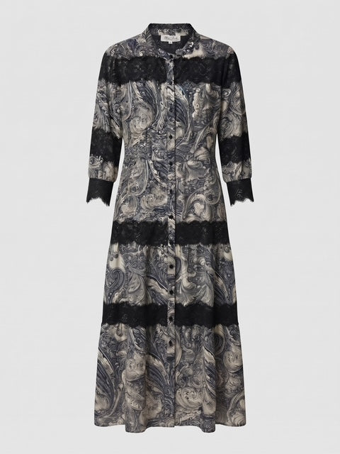 Miss Finch NYC Lace-Trimmed Button-Front Midi Shirt Dress in Grey & Black Paisley