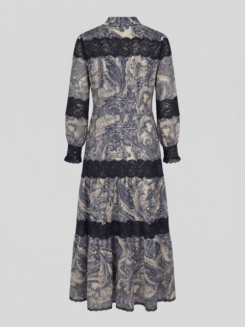 Miss Finch NYC Lace-Trimmed Button-Front Midi Shirt Dress in Grey & Black Paisley