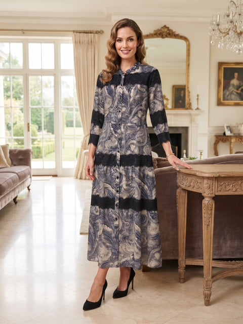 Miss Finch NYC Lace-Trimmed Button-Front Midi Shirt Dress in Grey & Black Paisley