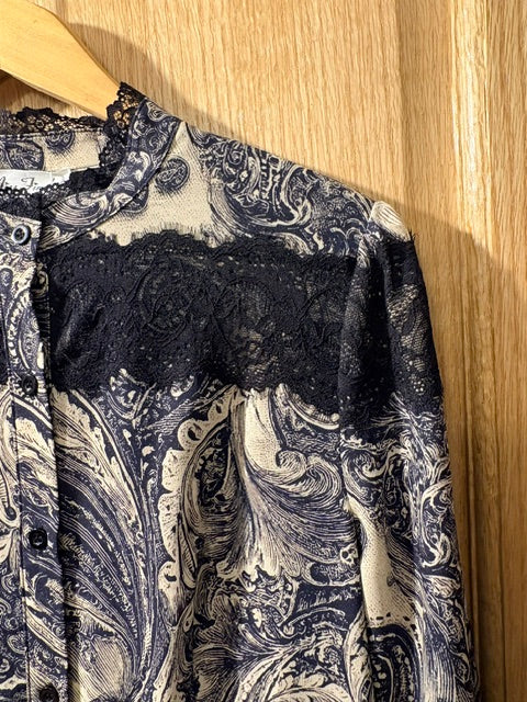 Miss Finch NYC Lace-Trimmed Button-Front Midi Shirt Dress in Grey & Black Paisley