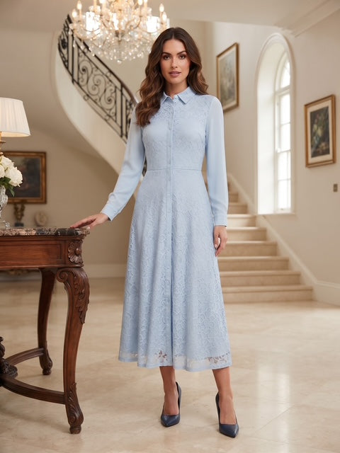 Miss Finch NYC Fully Lined Floral Lace Button-Down Midi Shirt Dress in Light Blue
