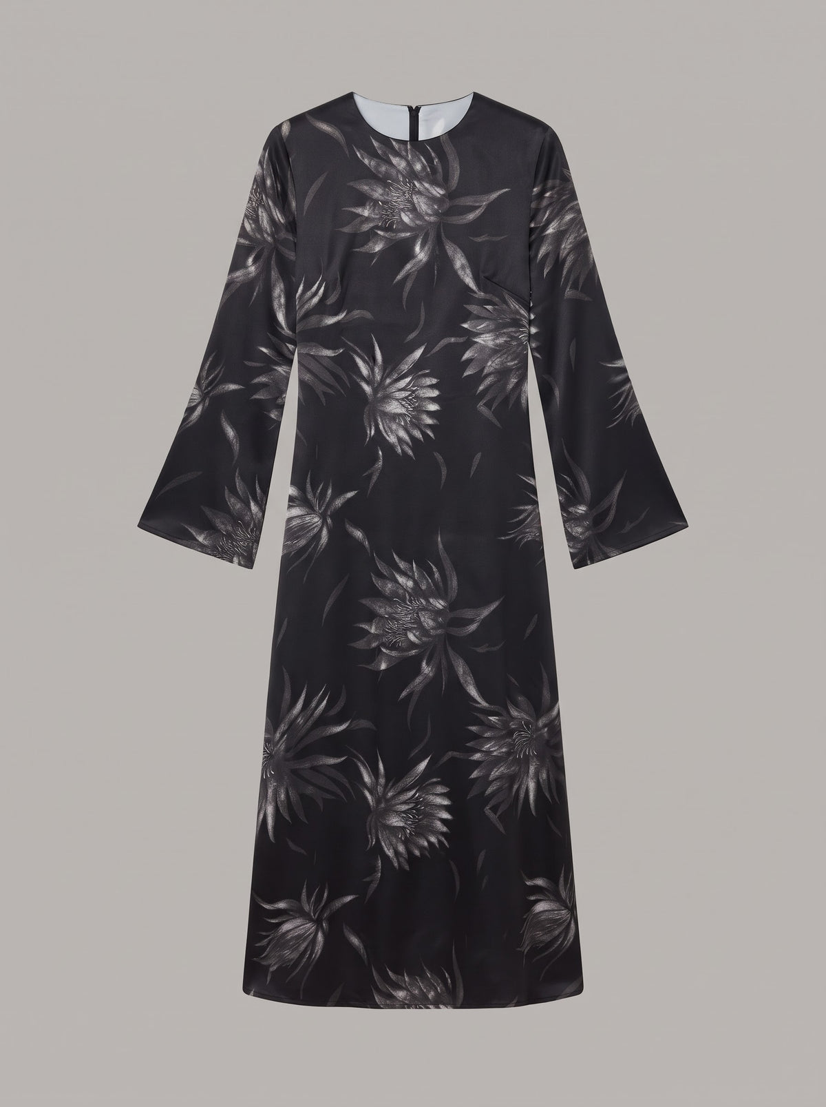 Miss Finch NYC Flared Sleeve Midi Dress with Crew Neck in Black & Silver Floral
