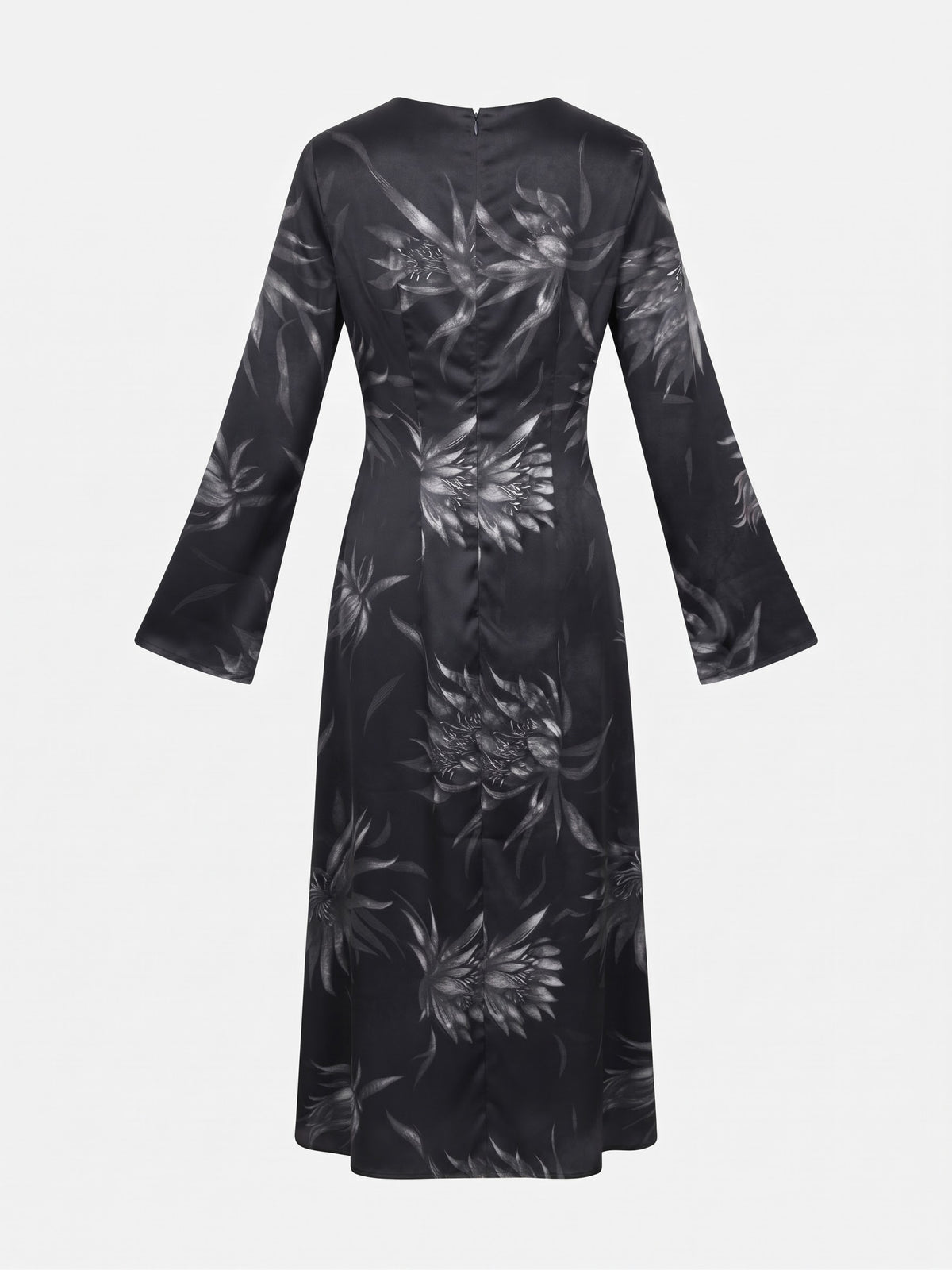 Miss Finch NYC Flared Sleeve Midi Dress with Crew Neck in Black & Silver Floral