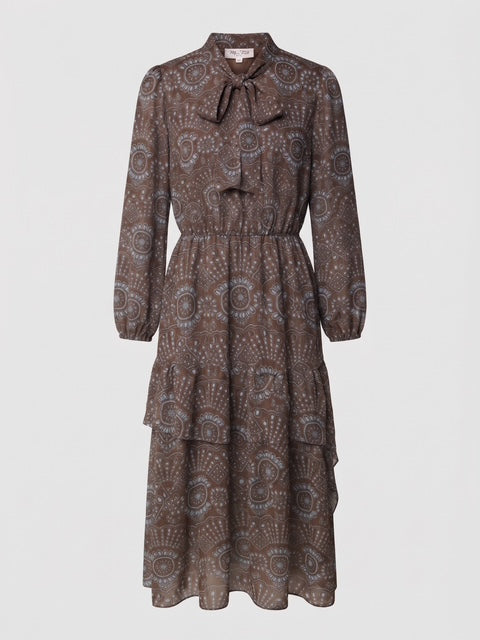Miss Finch NYC Tie-Neck Tiered Chiffon Midi Dress in Brown & Blue