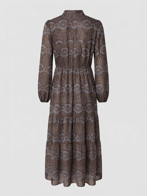 Miss Finch NYC Tie-Neck Tiered Chiffon Midi Dress in Brown & Blue