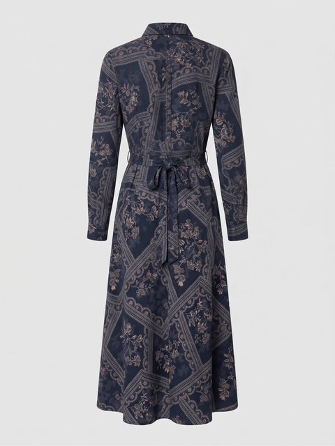 Miss Finch NYC Belted Patchwork Floral Midi Shirt Dress in Ink Navy