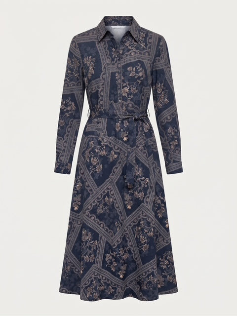 Miss Finch NYC Belted Patchwork Floral Midi Shirt Dress in Ink Navy