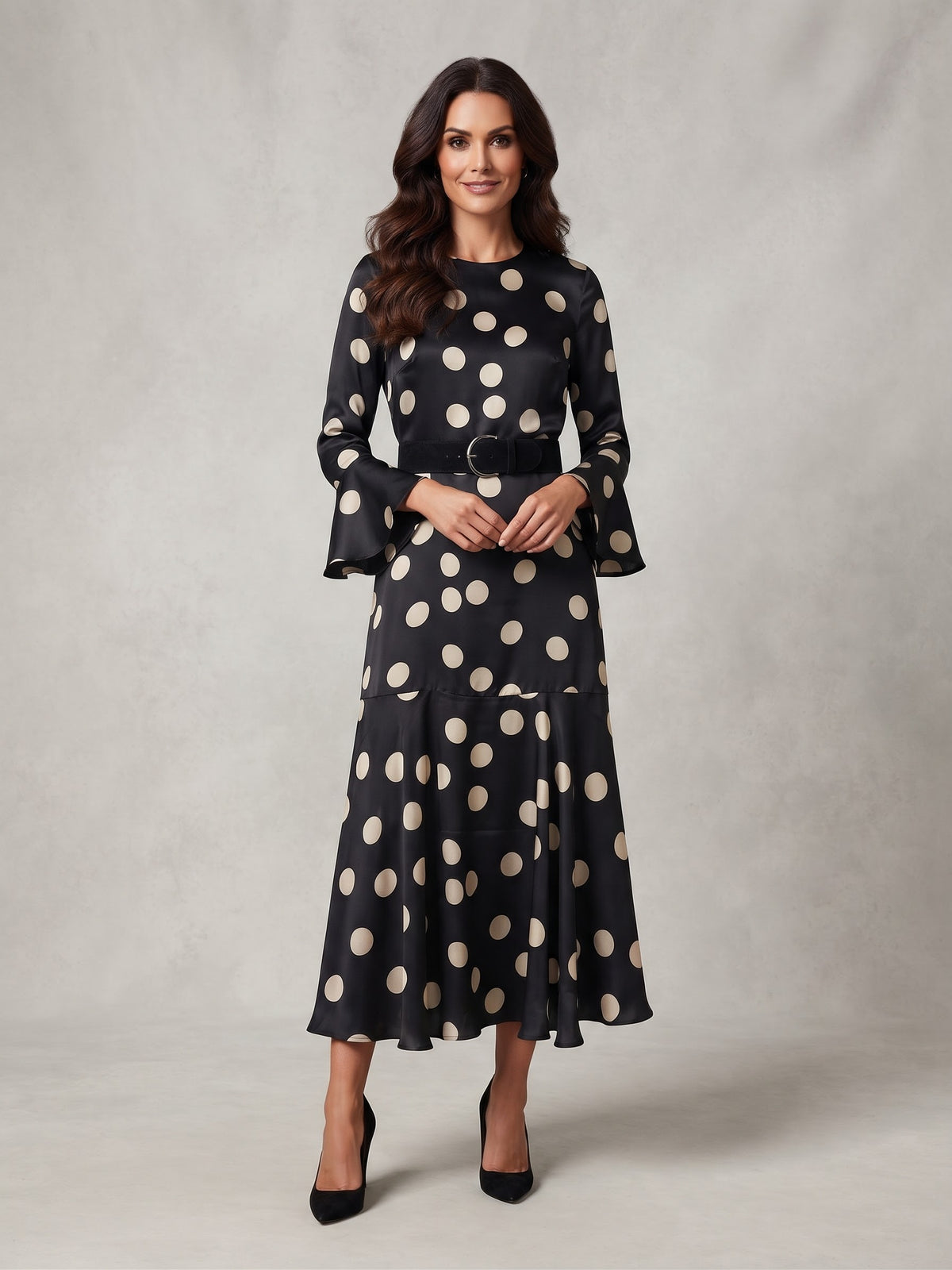 Miss Finch NYC Flared Sleeve Polka Dot Midi Dress with Belt in Black & Cream