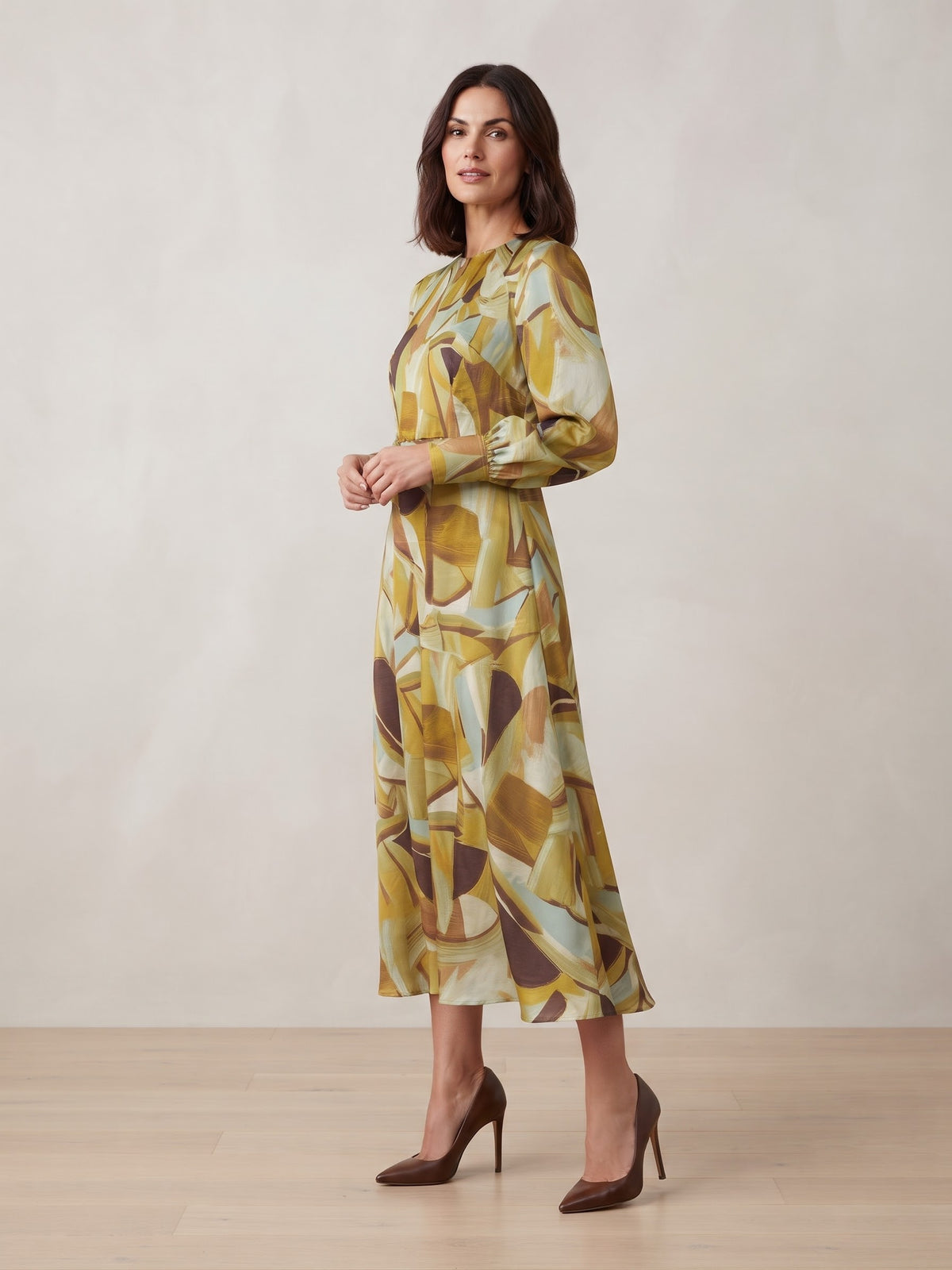 Miss Finch NYC Abstract Brushstroke Poly Satin Midi Dress with Long Sleeves in Mustard & Cream