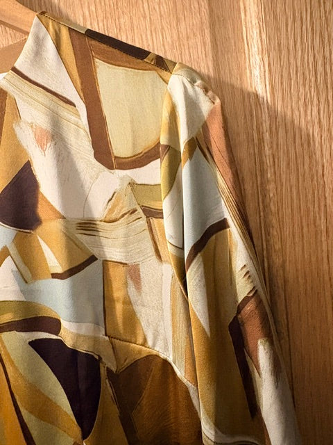 Miss Finch NYC Abstract Brushstroke Poly Satin Midi Dress with Long Sleeves in Mustard & Cream