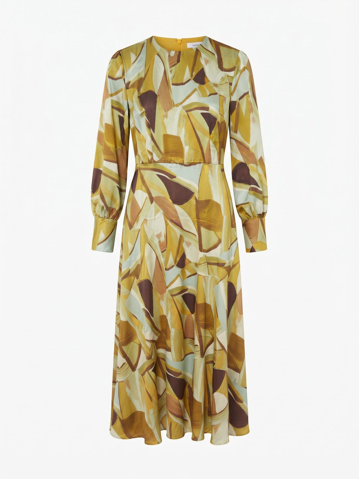 Miss Finch NYC Abstract Brushstroke Poly Satin Midi Dress with Long Sleeves in Mustard & Cream