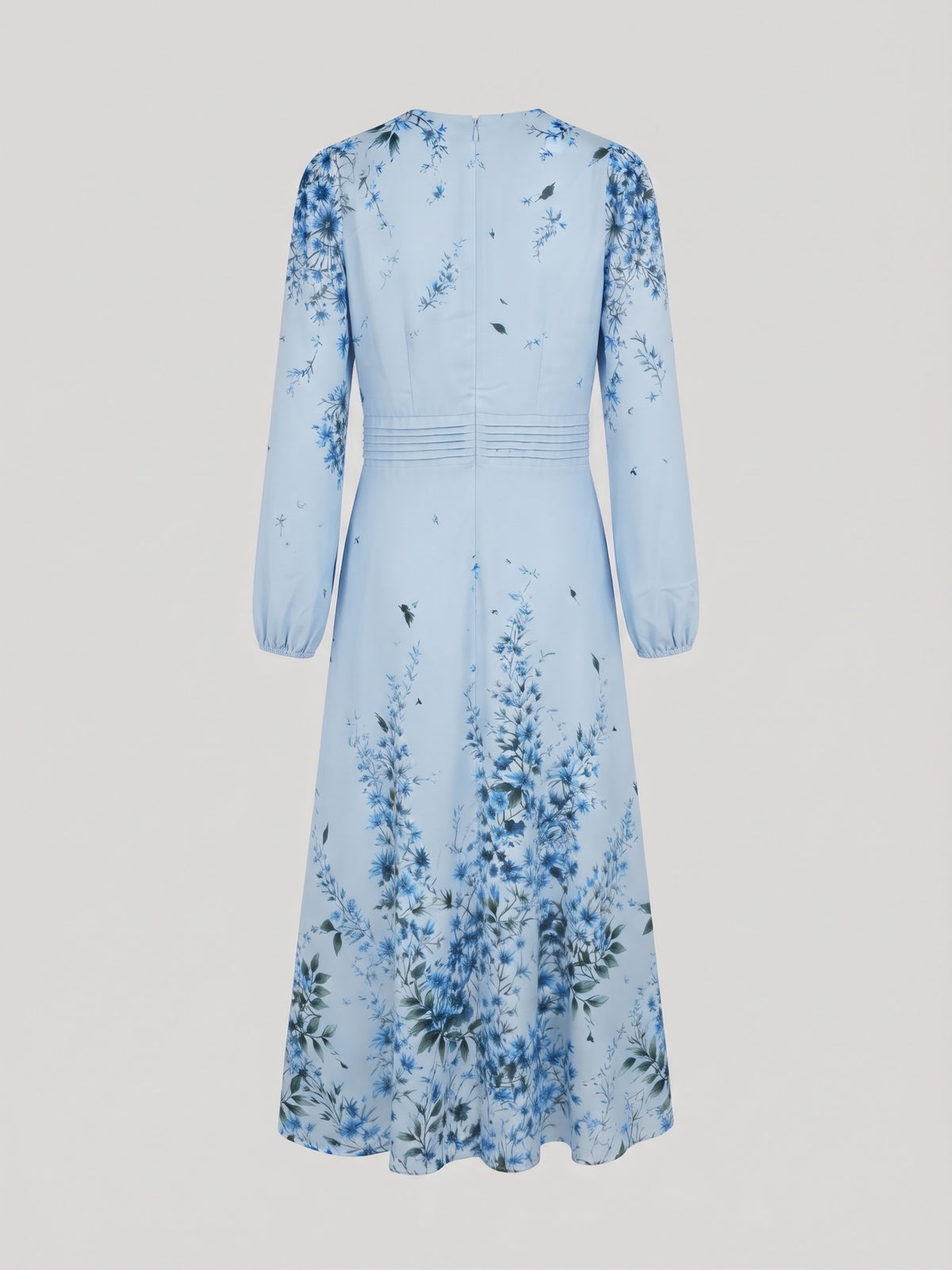 Miss Finch NYC Pleated Waist Floral Midi Dress with Long Sleeves in Sky Blue