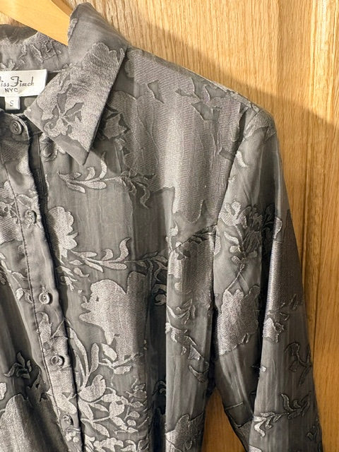 Miss Finch NYC Belted Burnout Floral Maxi Shirt Dress in Charcoal Grey