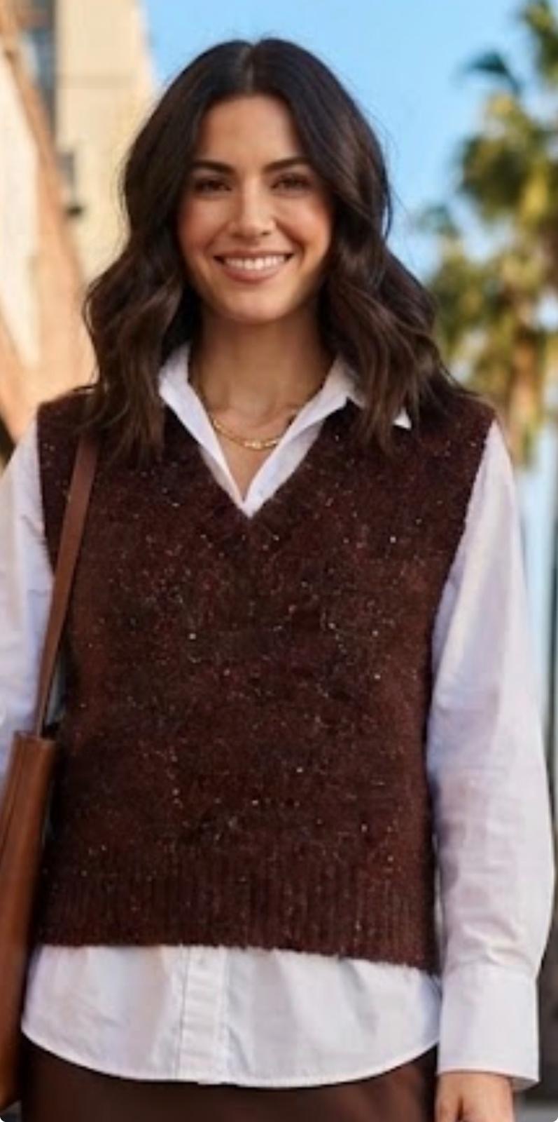 Made in Italy Knit Sweater Vest | Dark Brown Metallic Shimmer V-Neck Tank
