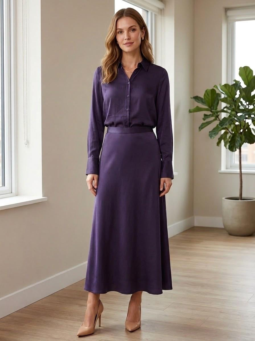 Aubergine Satin Viscose 2-Piece Skirt Set | Made in Italy