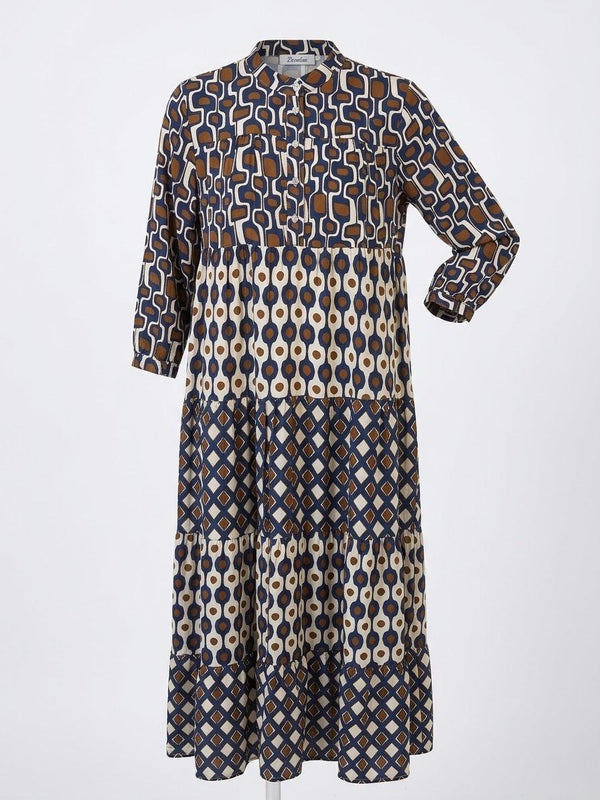 Made in Italy Navy Brown Geometric Viscose Satin Tiered Maxi Dress (55")
