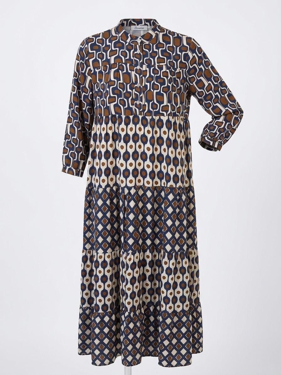 Made in Italy Navy Brown Geometric Viscose Satin Tiered Maxi Dress (55")