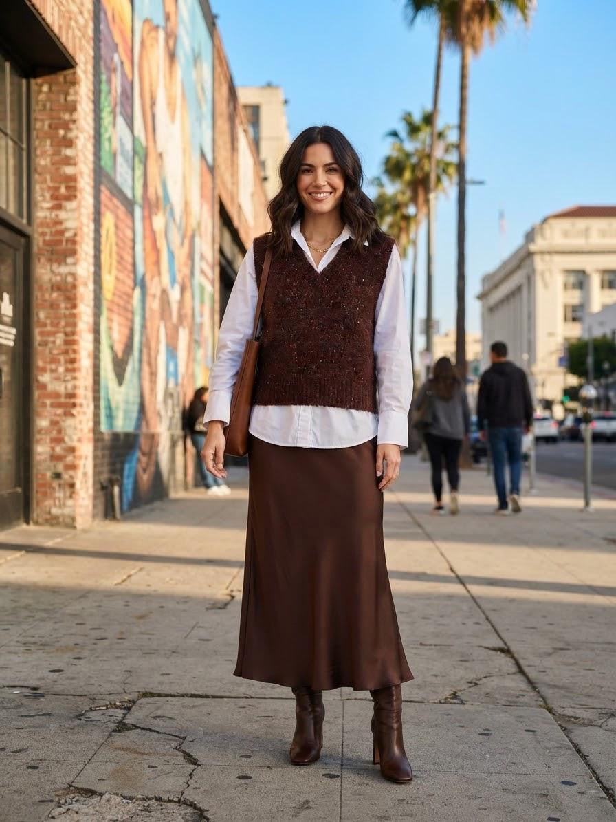 Made in Italy Knit Sweater Vest | Dark Brown Metallic Shimmer V-Neck Tank