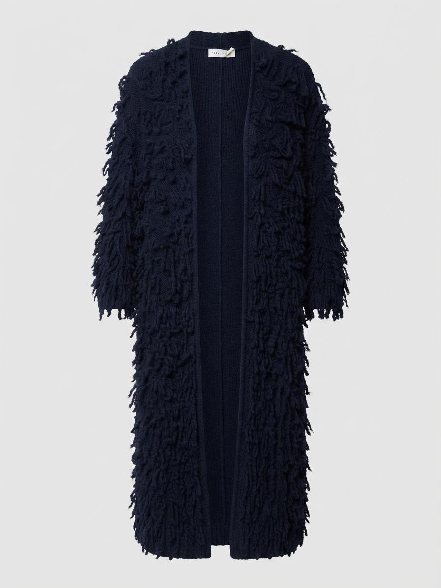 Made in Italy Fringe Duster Cardigan | Dark Navy Wool Blend Shag Knit Sweater Coat