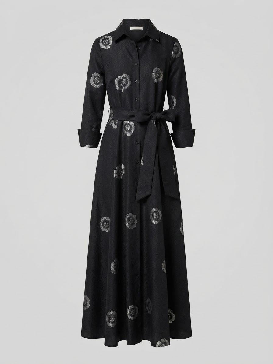Black & Silver Embroidered Jacquard Shirt Dress | Lined Maxi Gown