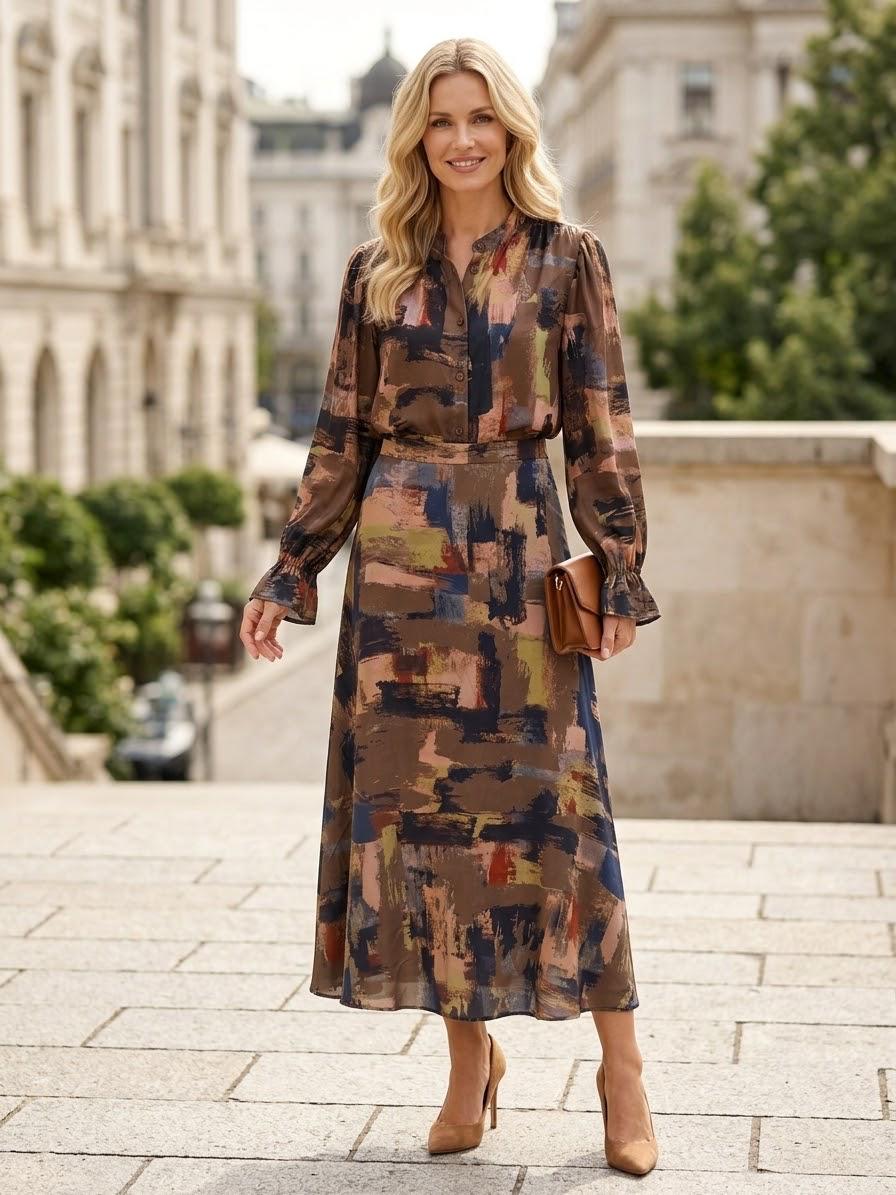 Brown Abstract Print Satin Viscose 2-Piece Set | Made in Italy