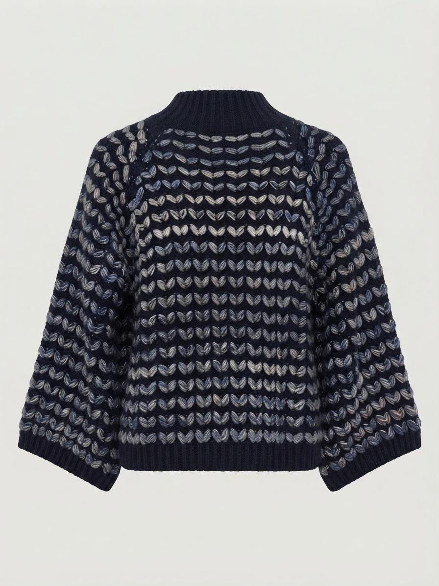 Made in Italy Oversized Wool Blend Knit Sweater | Navy & Denim Grey Chevron Pullover