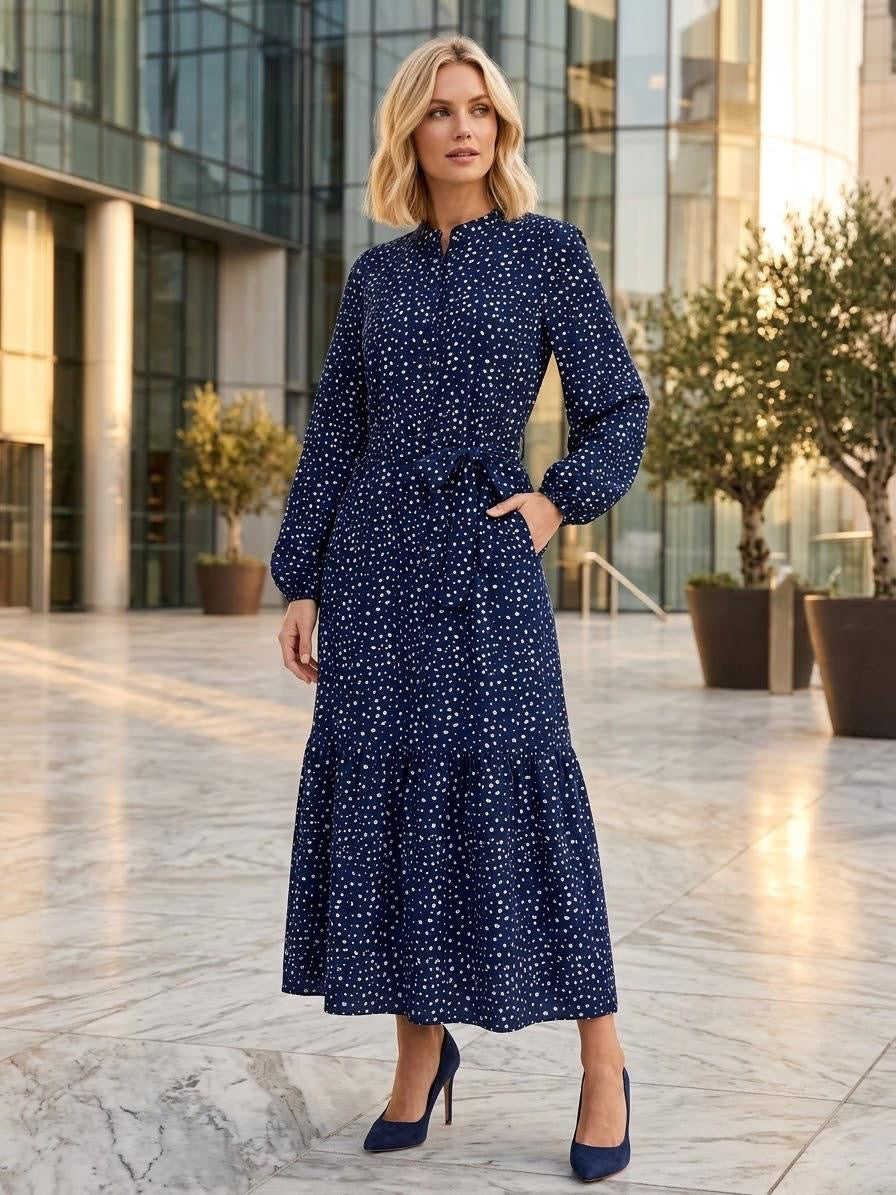 Made in Italy Dark Navy Polka Dot Maxi Dress | 55"