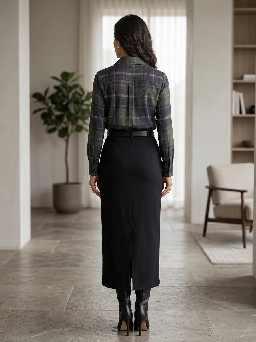Made in Italy Women's Forest Green & Navy Plaid Satin Blouse