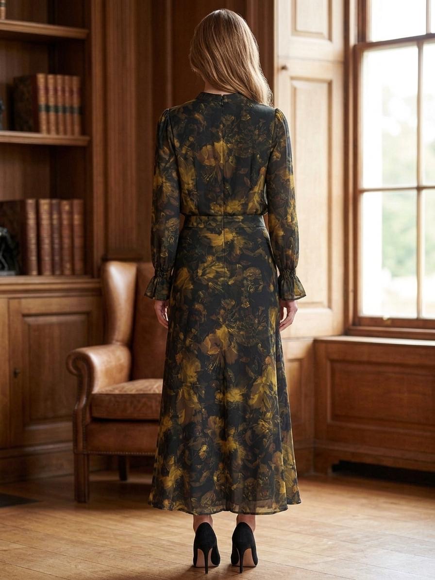 Elegant Dark Floral 2-Piece Satin Midi Set with Elastic Waist | Made in Italy