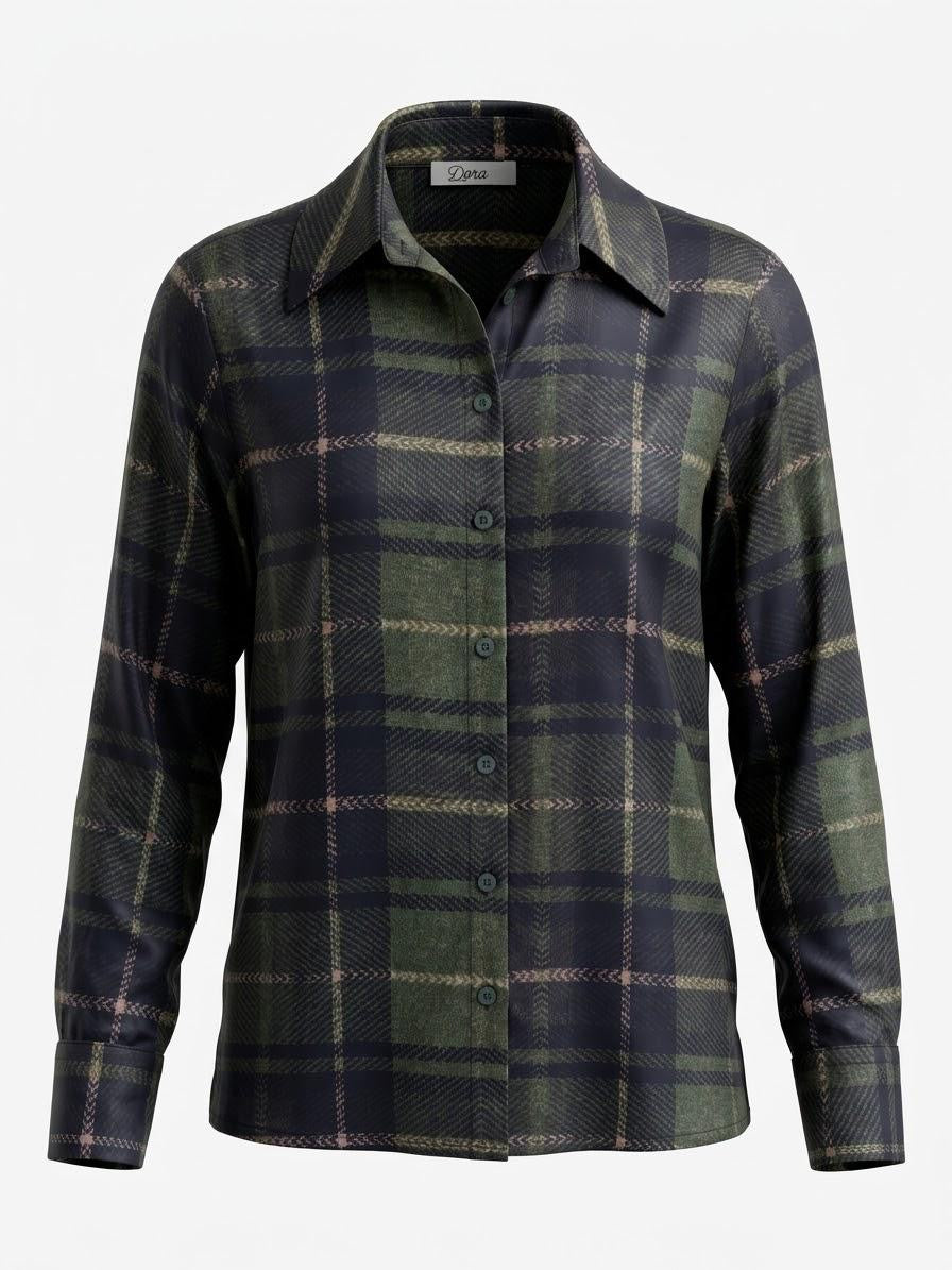 Made in Italy Women's Forest Green & Navy Plaid Satin Blouse