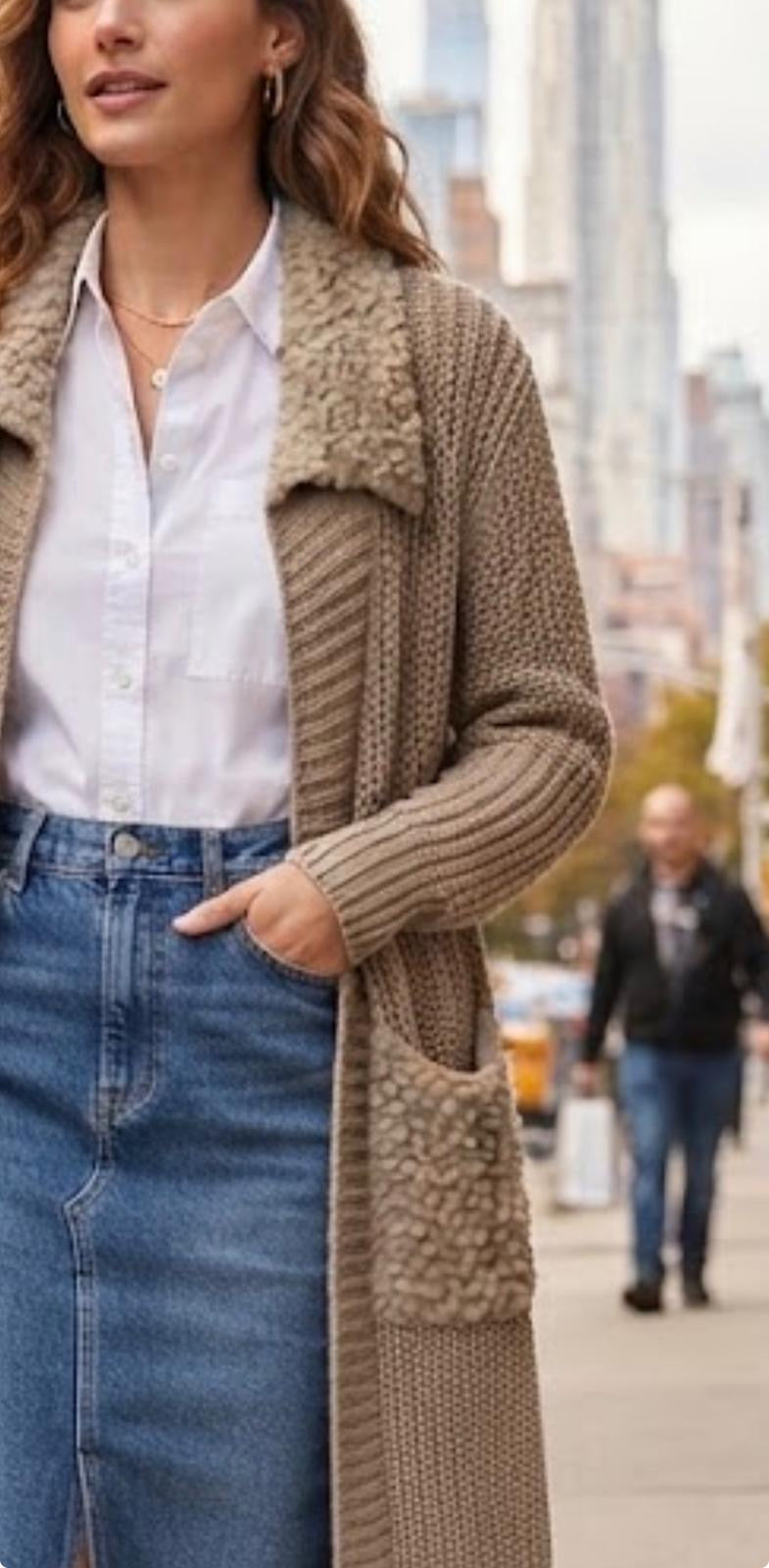 Made in Italy Long Wool Blend Cardigan | Beige Open-Front Duster Sweater