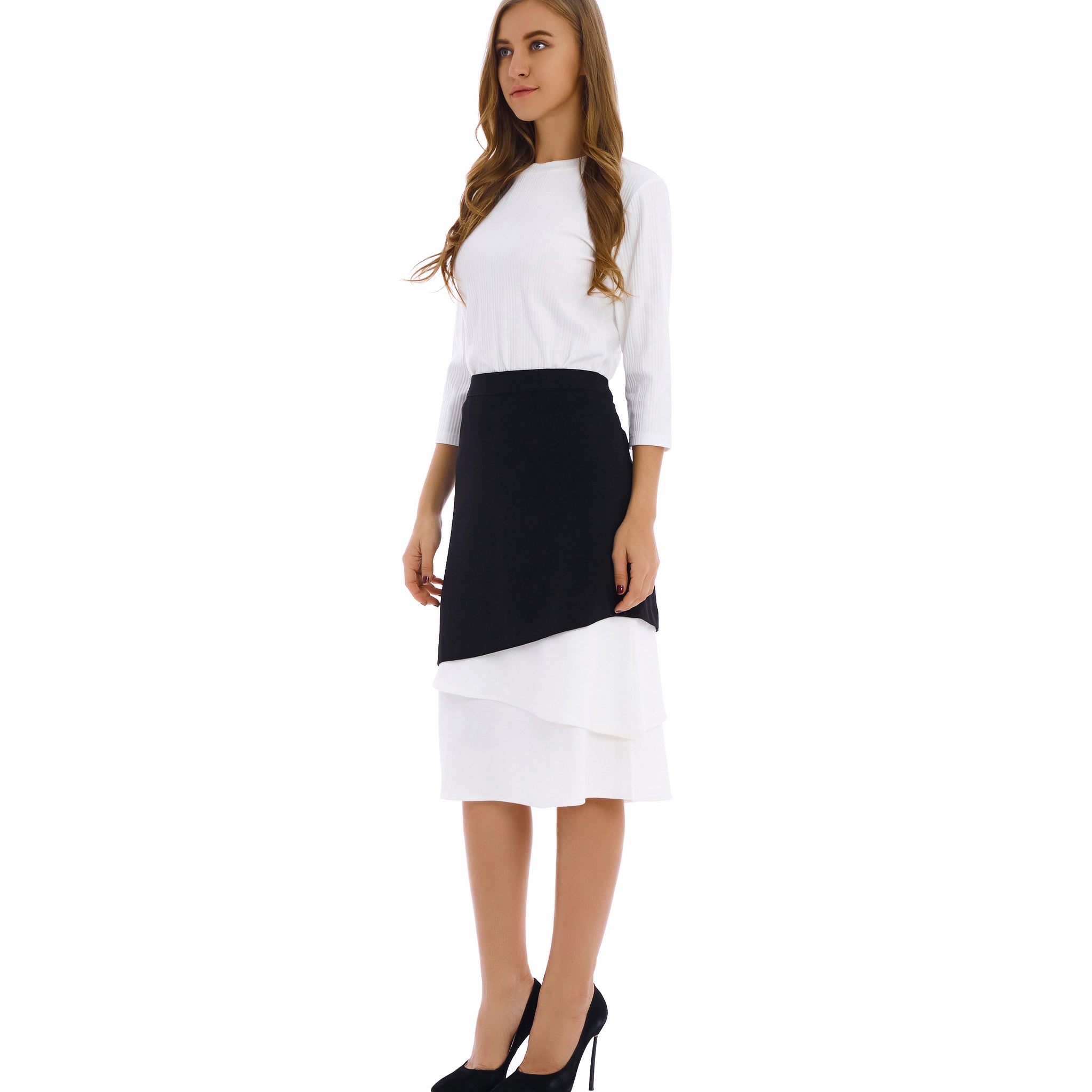 Miss Finch NYC Modest Contrast White Fabric Midi Skirt 2794W