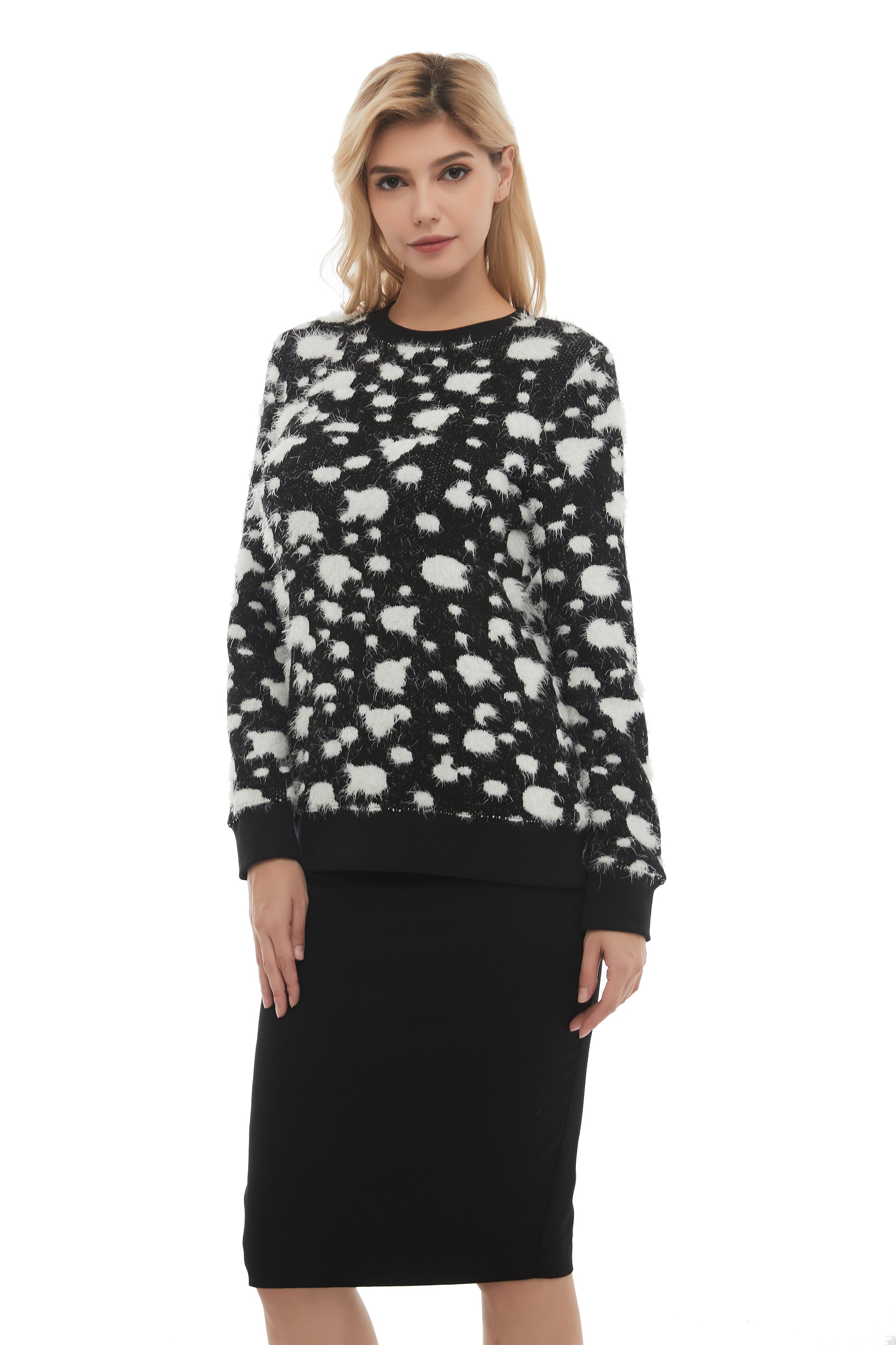 Long Sleeve Modest Mohair Black & White Sweater Top - MissFinchNYC