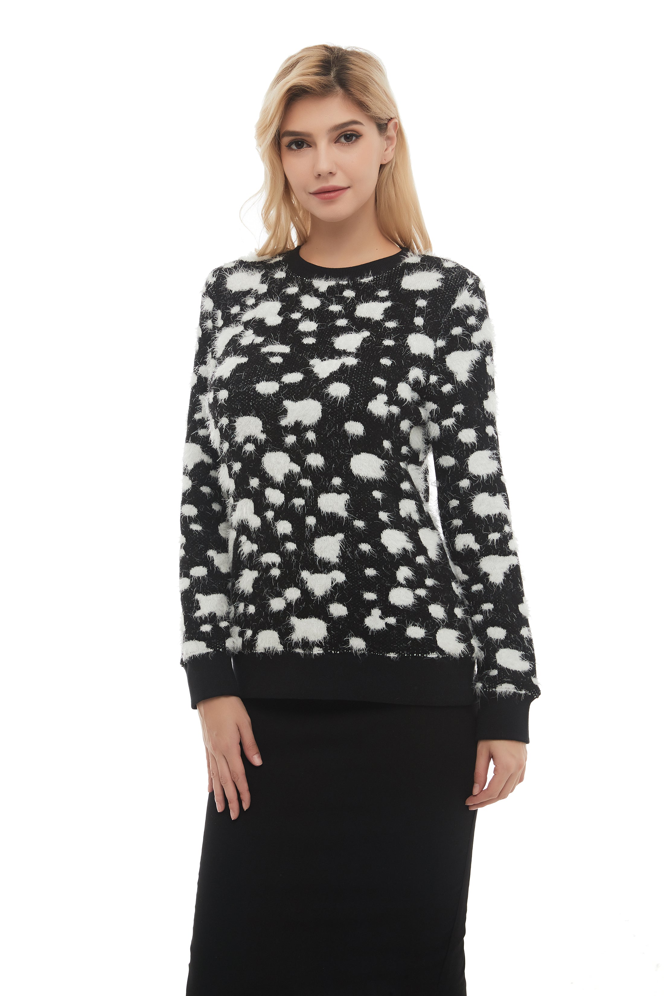 Long Sleeve Modest Mohair Black & White Sweater Top - MissFinchNYC