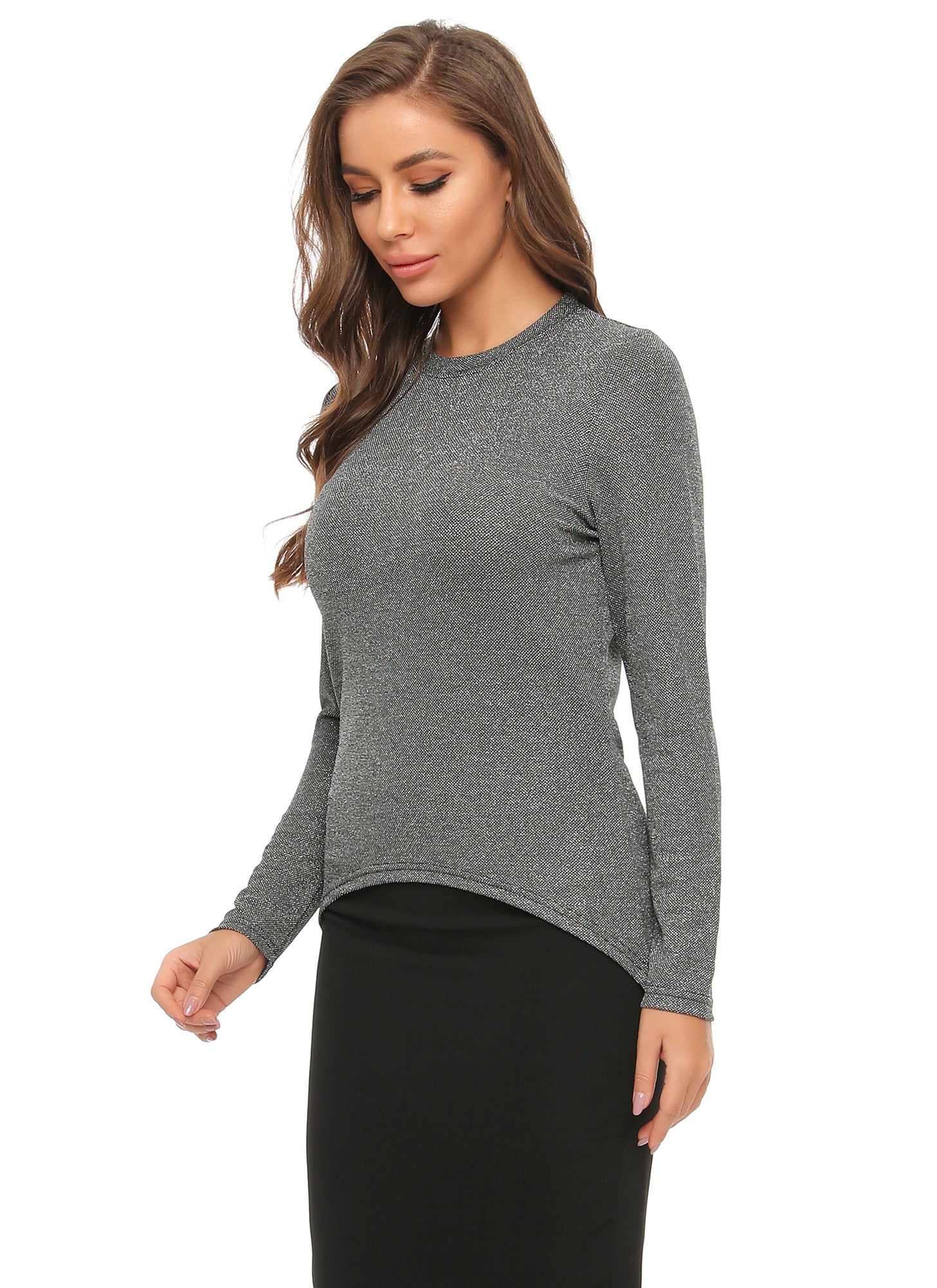 High & Low Shimmering Long Sleeve T Shirt - MissFinchNYC