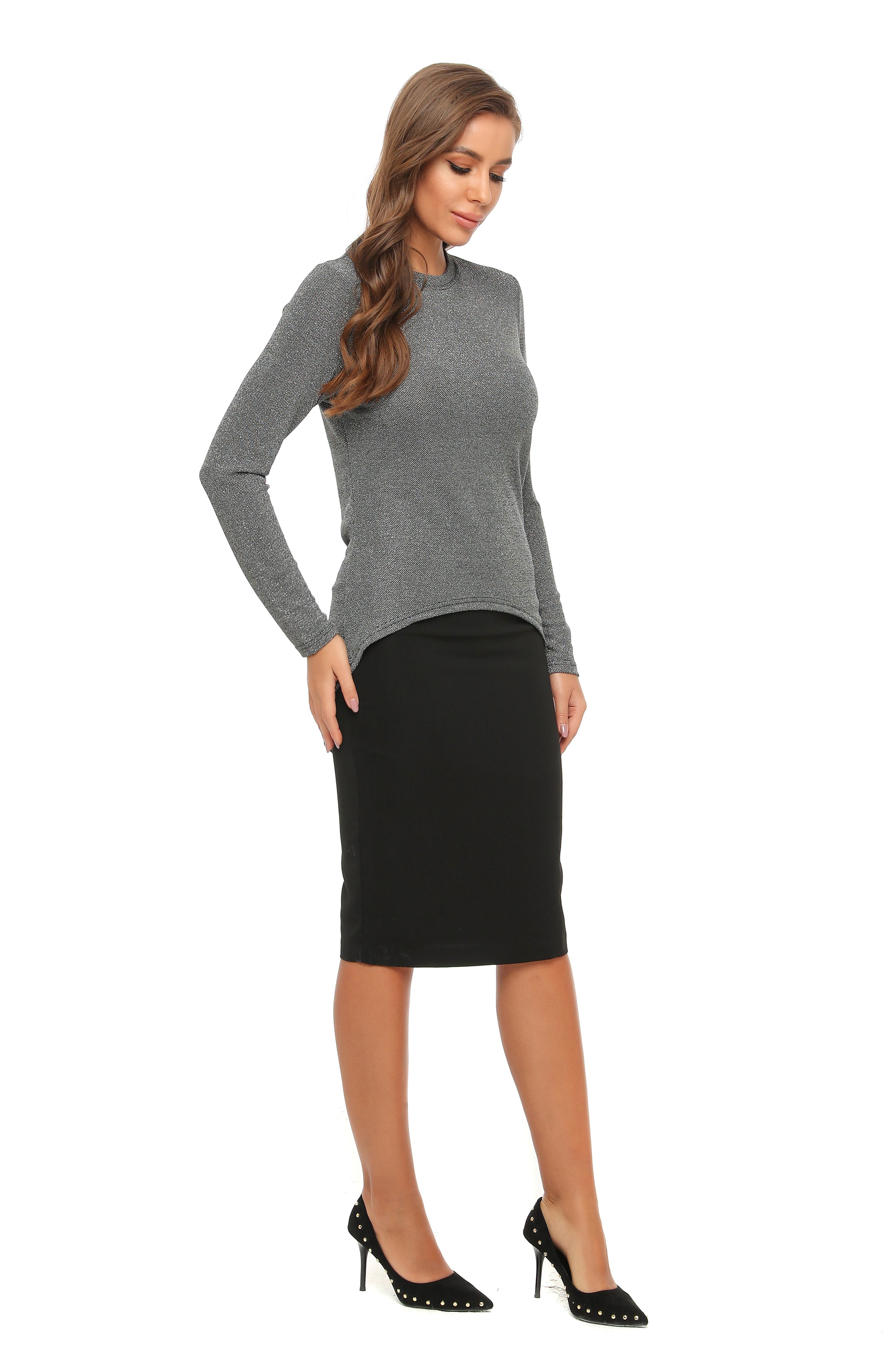 High & Low Shimmering Long Sleeve T Shirt - MissFinchNYC