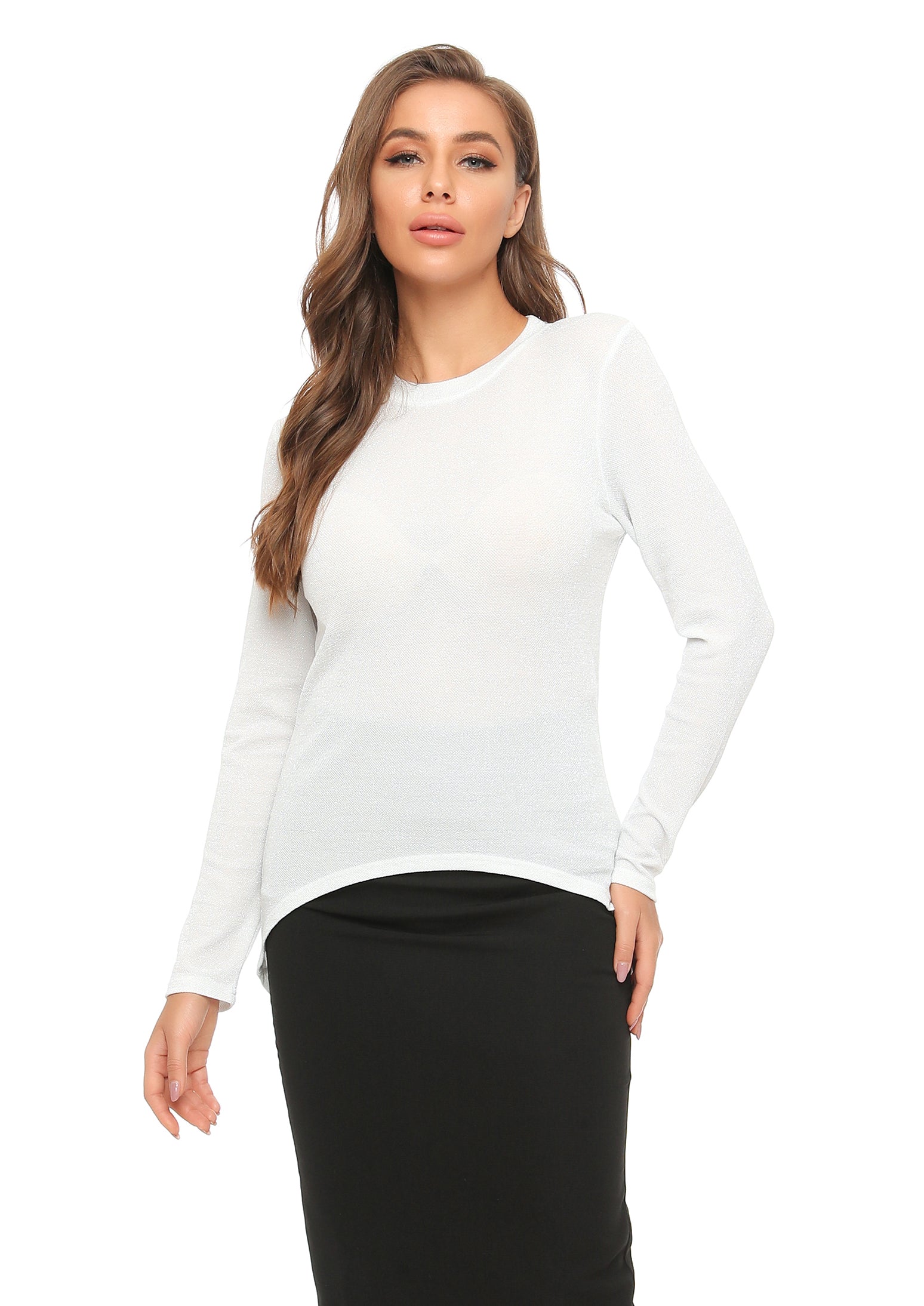 High & Low Shimmering Long Sleeve T Shirt - MissFinchNYC