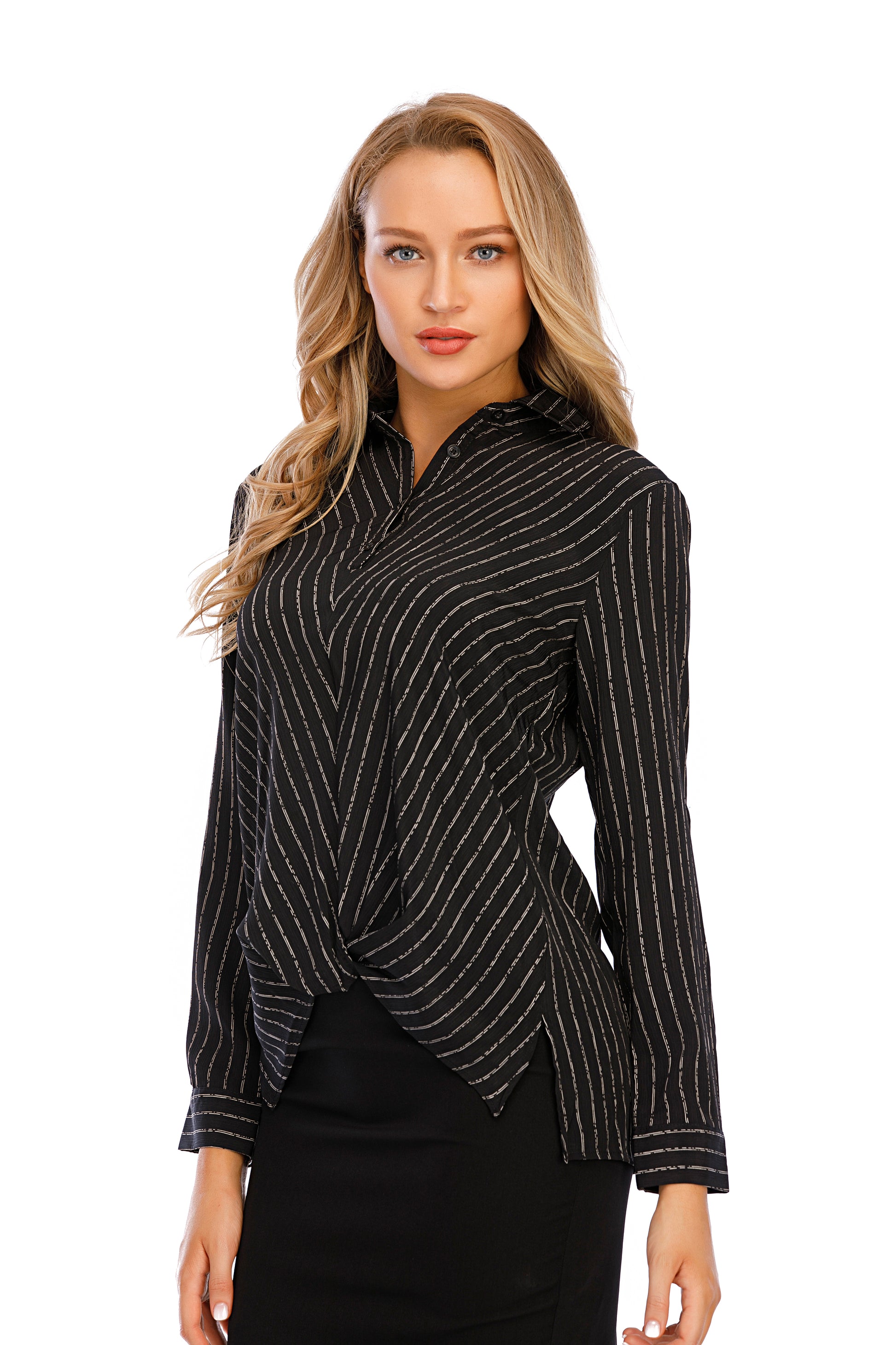 Long Sleeves Narrow Stripe Wrap Look Shirt Blouse - MissFinchNYC