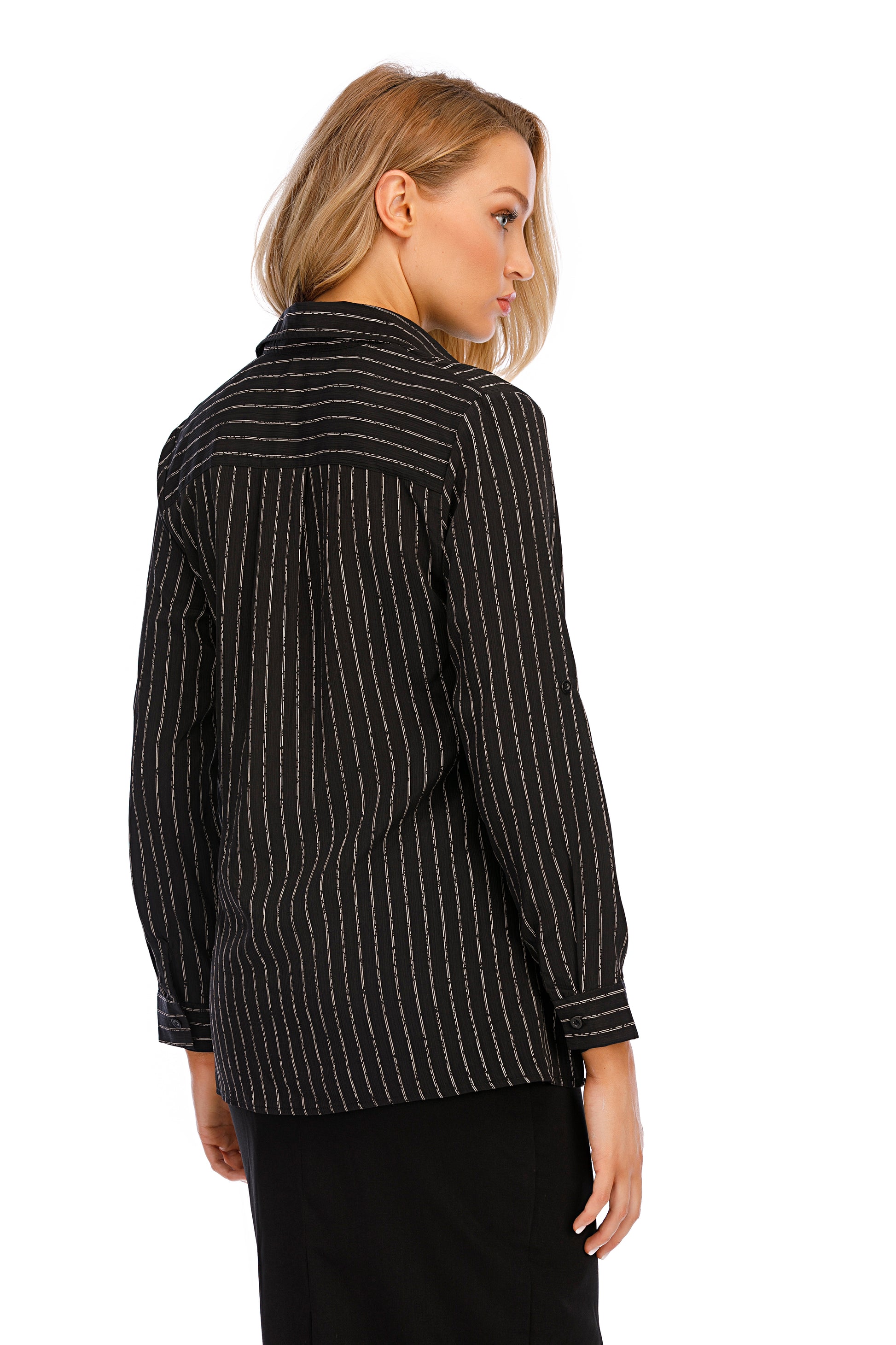 Long Sleeves Narrow Stripe Wrap Look Shirt Blouse - MissFinchNYC