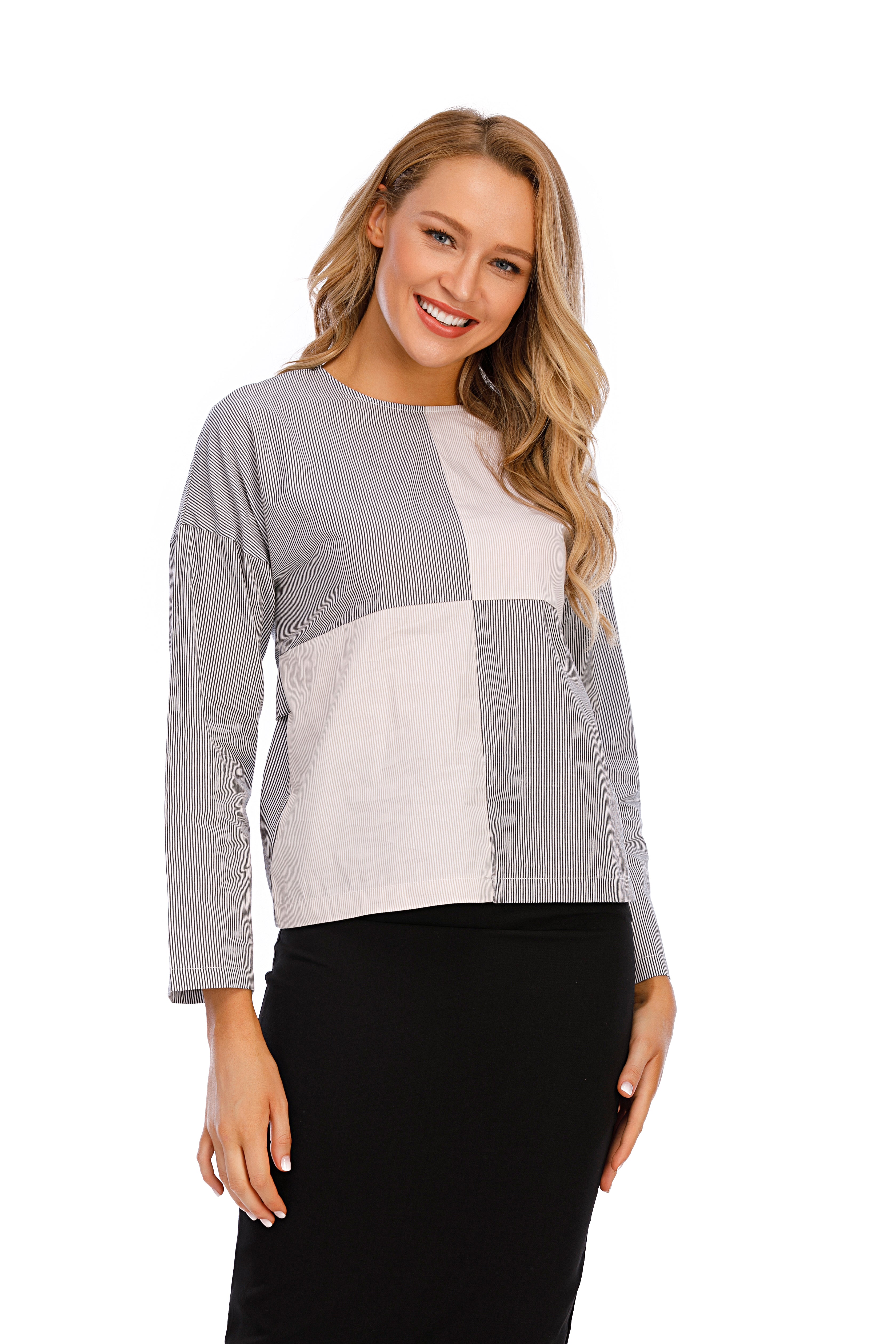 Mixed Stripe Long Sleeve Self Belt Cotton Top 2917 - MissFinchNYC