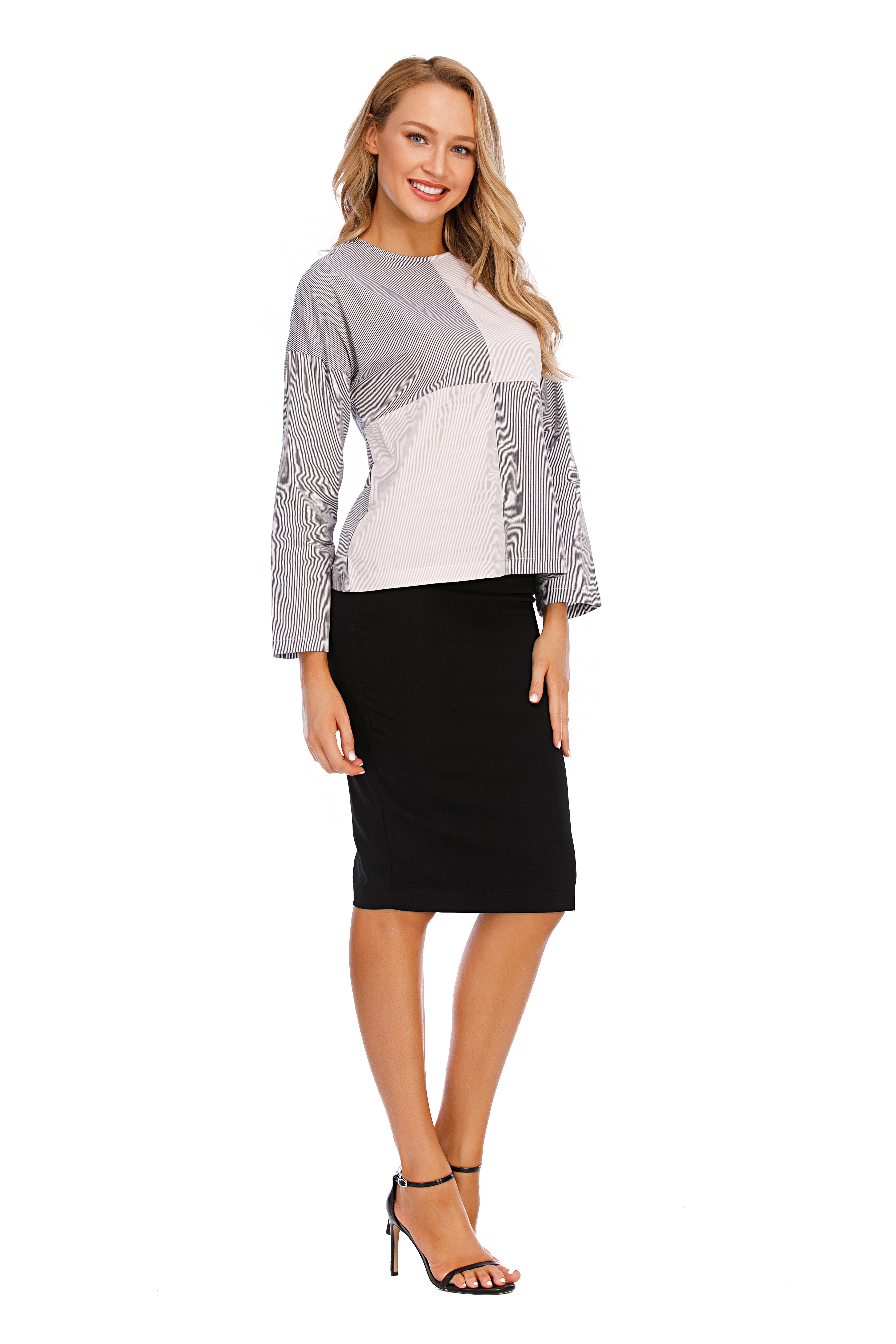 Mixed Stripe Long Sleeve Self Belt Cotton Top 2917 - MissFinchNYC