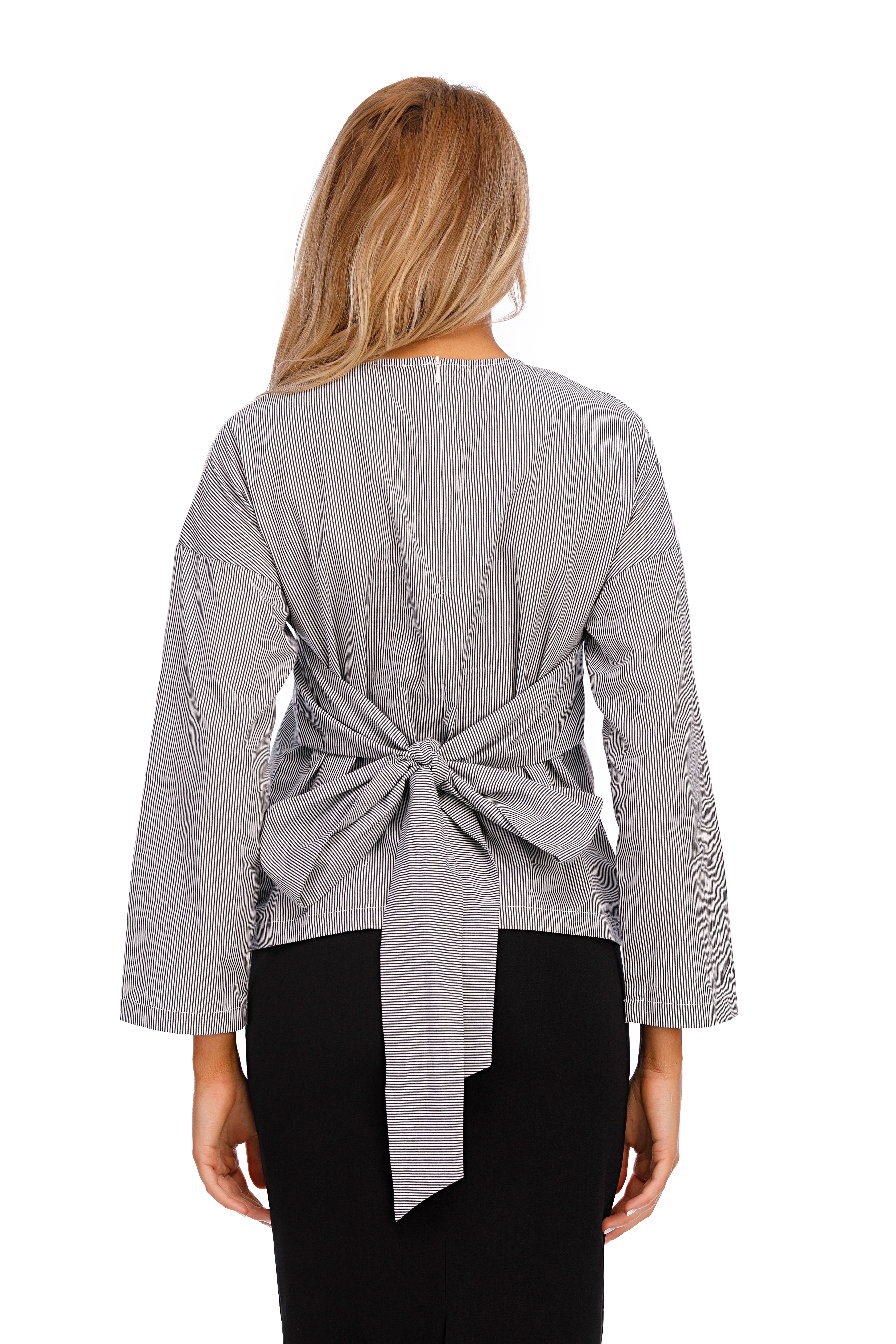Mixed Stripe Long Sleeve Self Belt Cotton Top 2917 - MissFinchNYC
