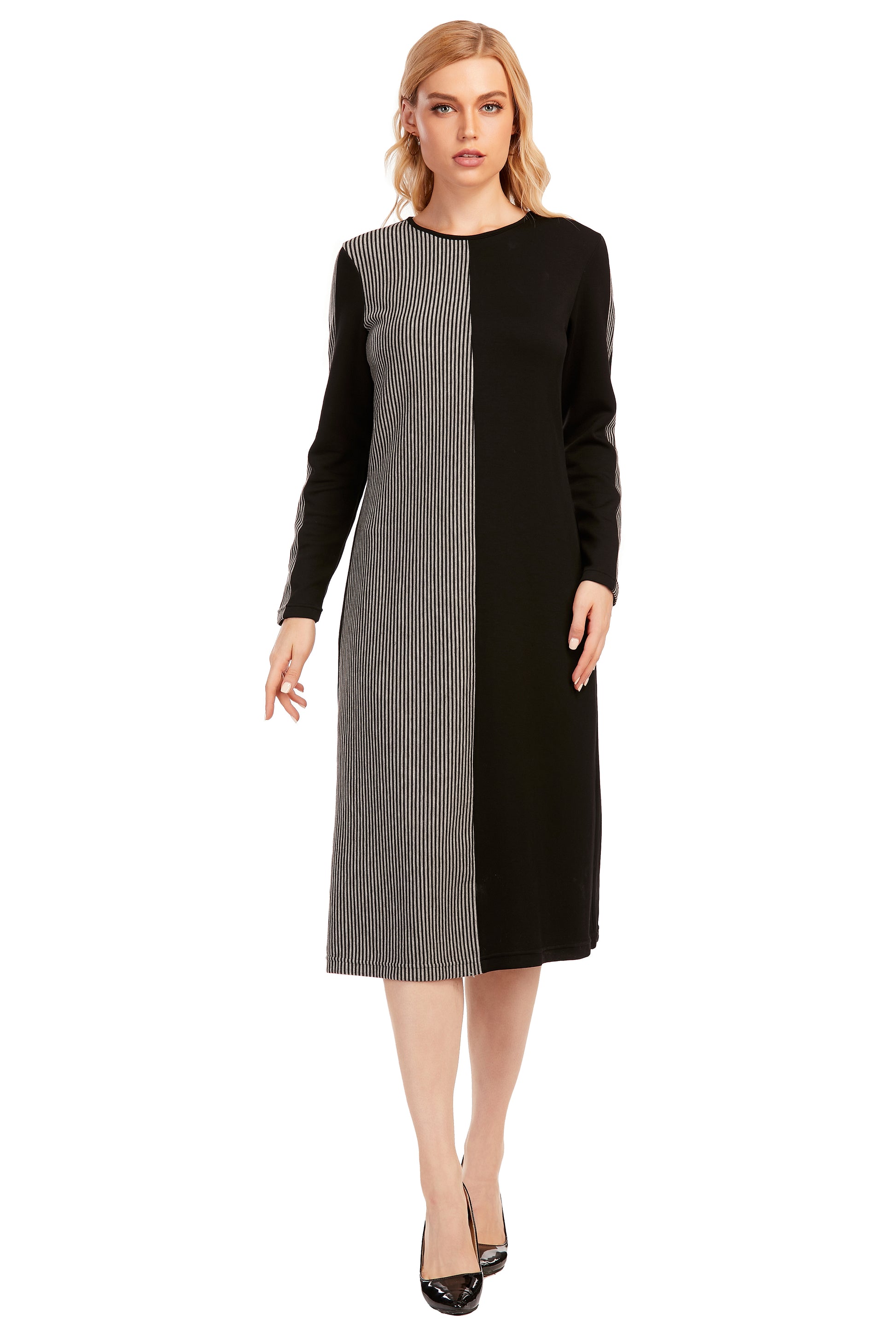 Striped & Solid Modest Knitted Long Sleeve Dress - MissFinchNYC