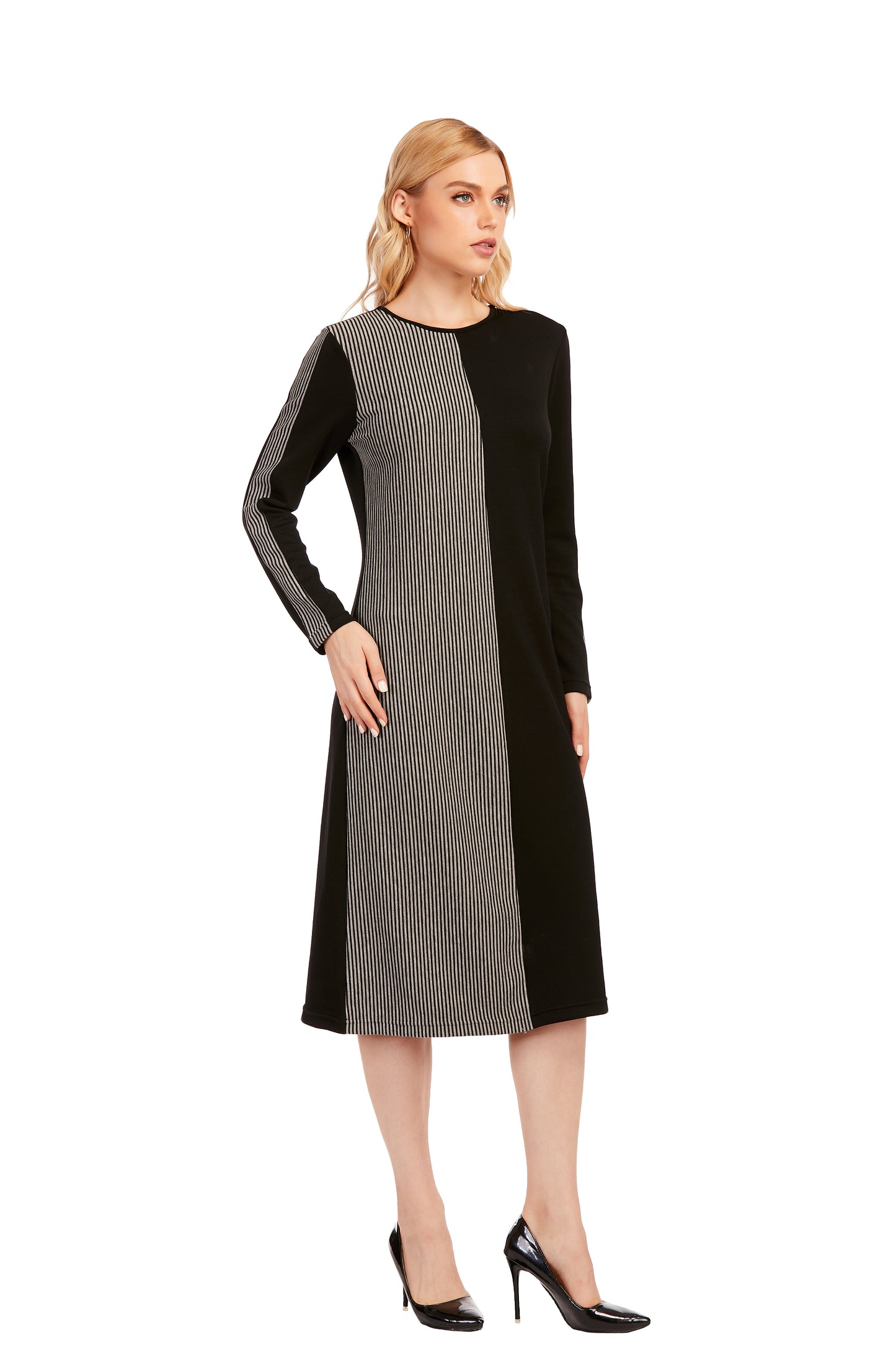 Striped & Solid Modest Knitted Long Sleeve Dress - MissFinchNYC