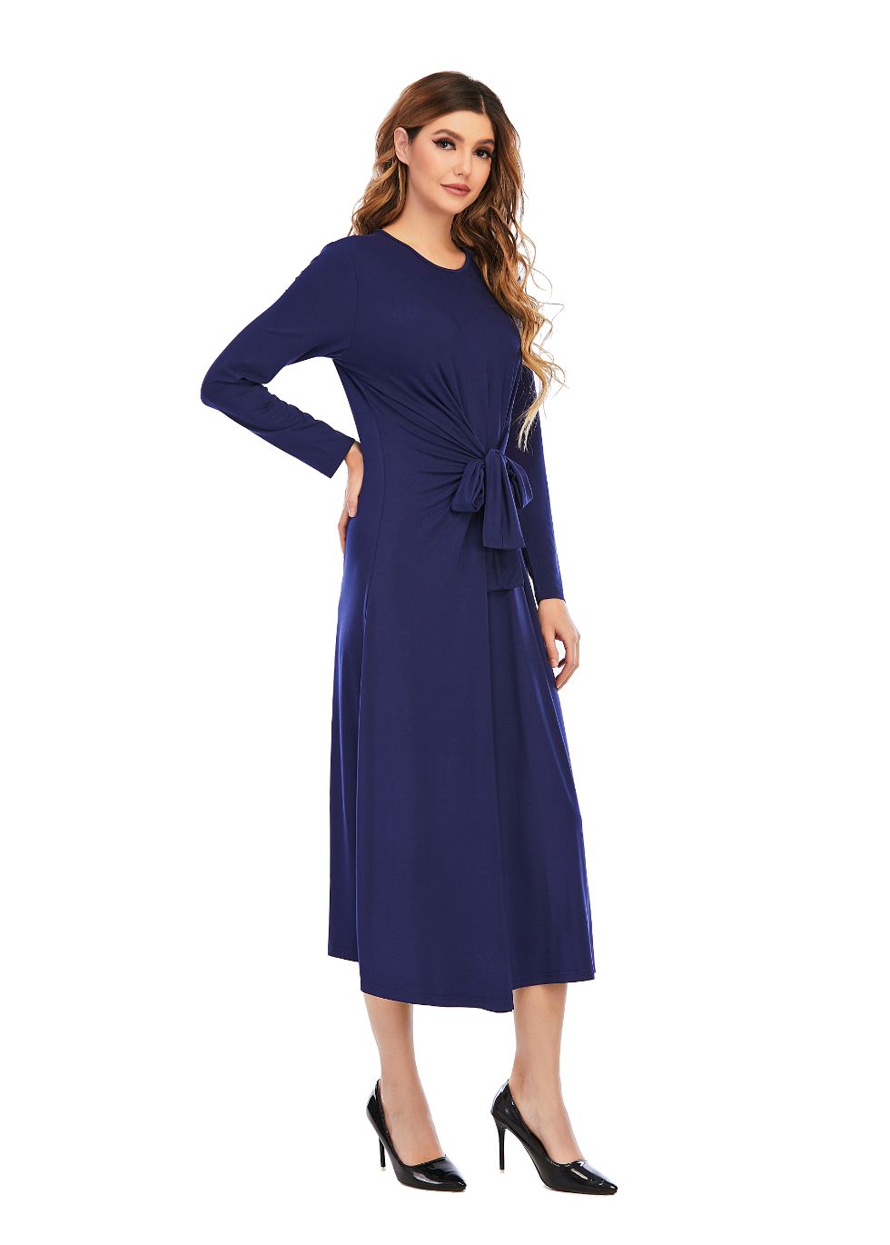 Long sleeve Knit Tie Front Midi Dress - MissFinchNYC