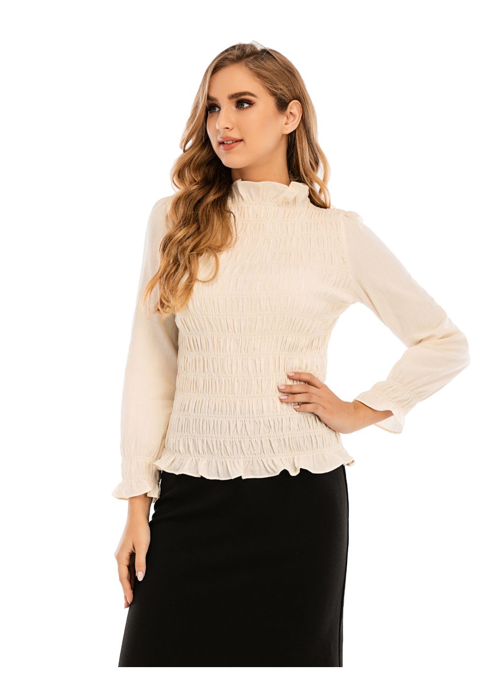 Cotton Spandex Smocked Blouse with Long Sleeves - MissFinchNYC