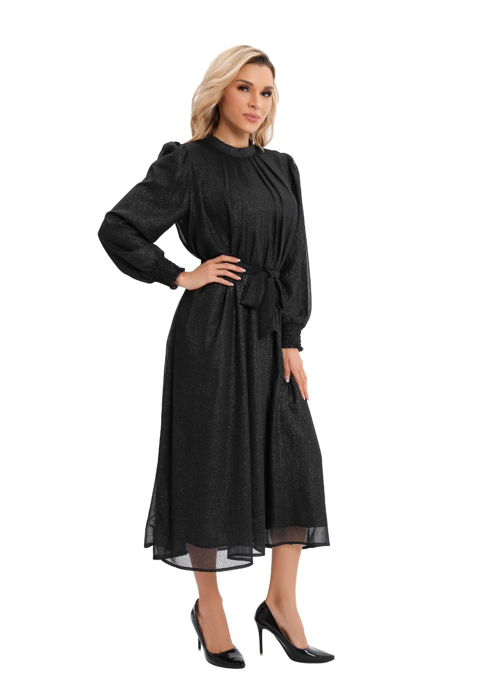 Belted Chiffon Long Sleeve Dress with Gold Shimmer - MissFinchNYC