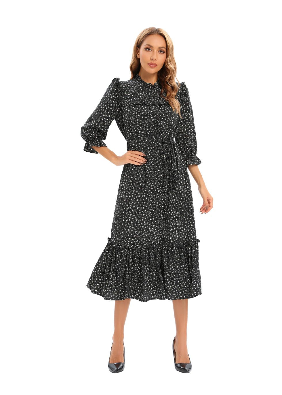 Midi Print Dress with 3/4 Sleeves - MissFinchNYC