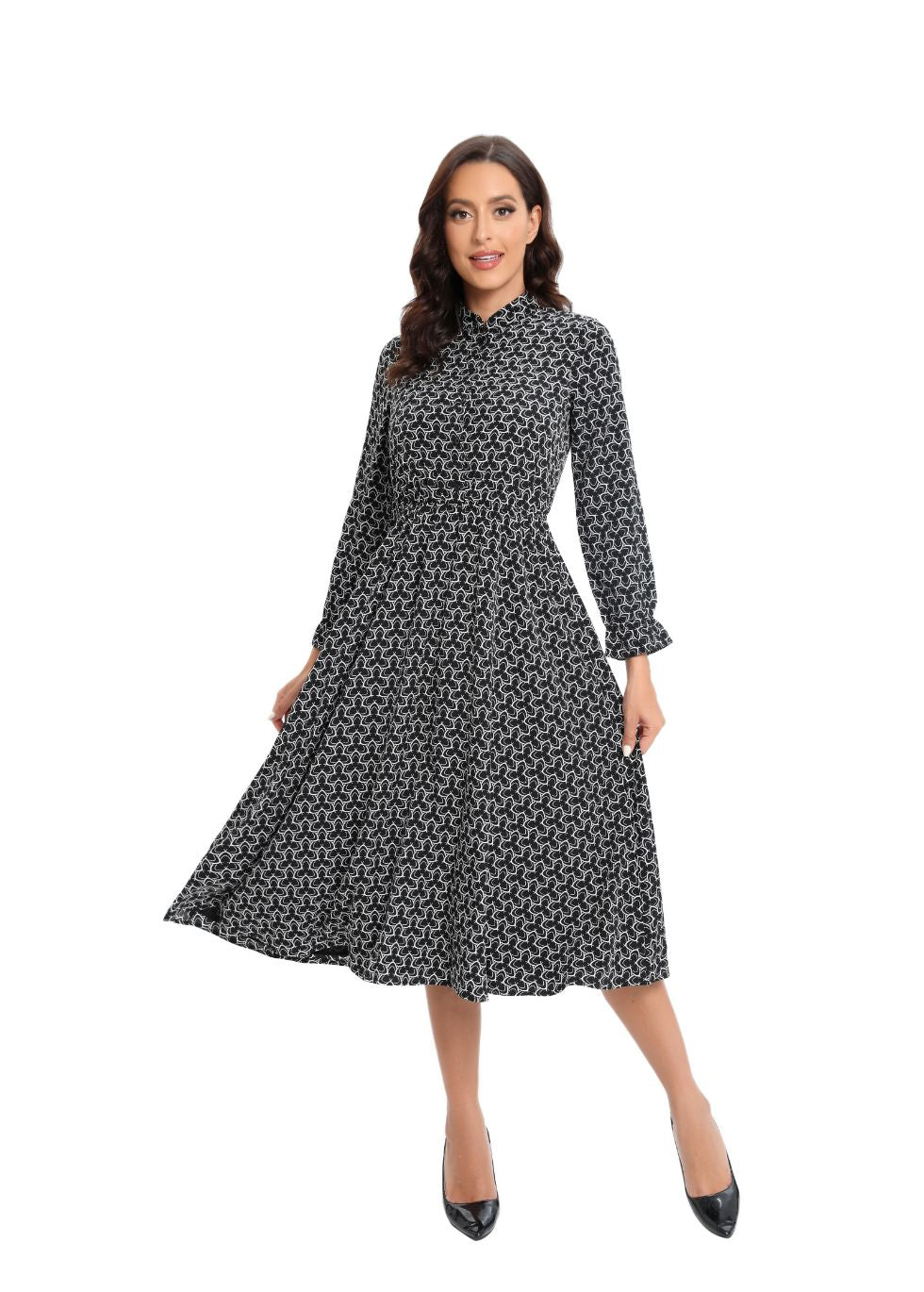 Long Sleeve Modern Print Modest Midi Dress - MissFinchNYC